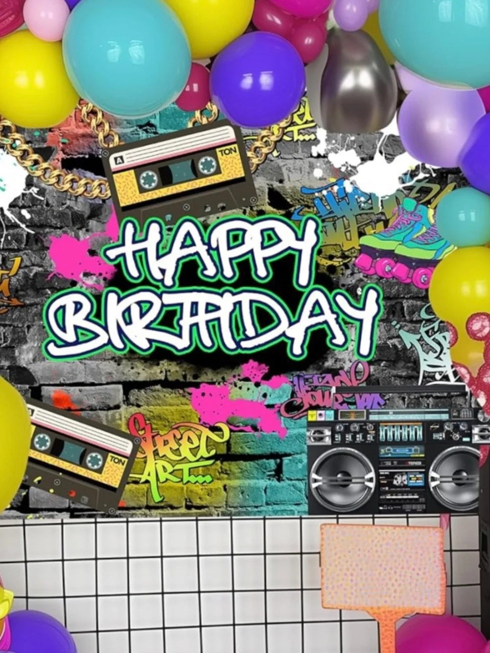 NWOT Mocsicka 80s 90s Graffiti Hip Hop Birthday Backdrop 8x6
